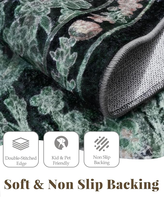 Farmhouse 9x12 Dark Green Floral Living Room Area Rugs, Large Washable Vintage Distressed Rug for Bedroom, Dining Room Under Table, Moody Low Pile Non-Slip Retro Carpet, Soft Boho Art Deco Mat