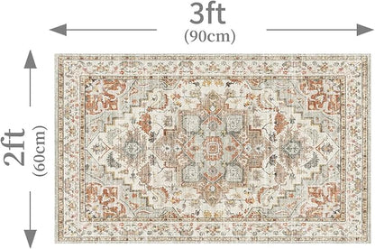 Enkor Area Soft Rugs 2x3 Washable Non Slip Boho Small Floor Entryway Rugs for Living Room Bedroom, Vintage Style Farmhouse Mat for Kitchen Beige & Orange