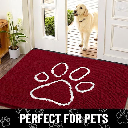 Smiry Dog Door Mat for Muddy Paws, Absorbent Dirt Trapper Non Slip Quick Dry Washable Chenille Mat for Mud Dogs, Entry Rug for Indoor and Outdoor (30x20 Inches, Red and White)