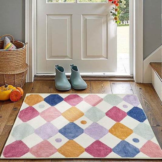 jinchan Macy Area Rug 2x3 Kids Entryway Washable Indoor Doormat Small Soft Non Slip Modern Rug Diamond Carpet for Nursery Room Bedroom Bathroom Berries on Cream