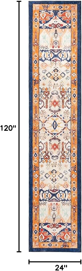 Phantoscope Washable Runner Rug 2'x10' Non-Slip, Vintage Boho Hallway Rugs for Entryway, Stair, Bedroom, Dining Room, Distressed Persian Market Pattern, Low-Pile Foldable Floor Carpet, Navy/Orange