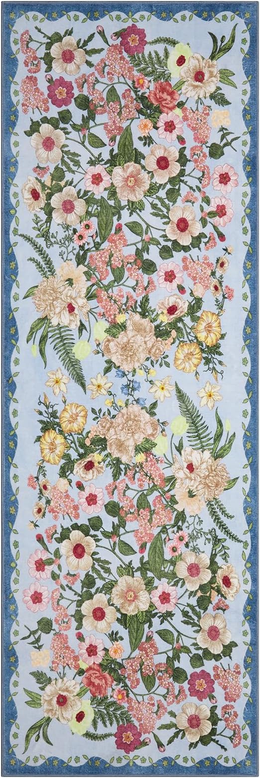 Floral Runner Rug 2x6 - Washable Vintage Kitchen Rug Low Pile Non-Slip Carpet for Entryway Hallway, Laundry, Bedroom - Soft, Stain Resistant Indoor Area Rug - Blue