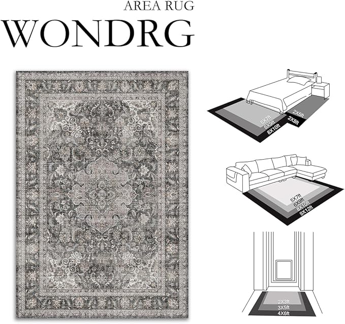 6x9 Washable Vintage Area Rug Black Grey Living Room Bedroom Carpet Non-Slip Soft Low Pile Distressed Indoor Throw Rug for Dining Room Entryway Office