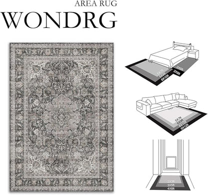 6x9 Washable Vintage Area Rug Black Grey Living Room Bedroom Carpet Non-Slip Soft Low Pile Distressed Indoor Throw Rug for Dining Room Entryway Office