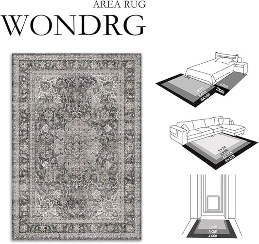 2x6 Washable Vintage Runner Rug Black Grey Hallway Kitchen Carpet Non-Slip Soft Low Pile Distressed Throw Rug for Bedroom Bathroom Laundry Living Room