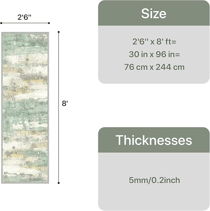 GENIMO Runner Rug Non Slip 2'6"x8', Washable Rug Runner for Hallways Kitchen, Abstract Modern Kitchen Rugs, Low Pile Lightweight Carpet Runners for Entryway, Bedroom, Laundry, Light Green