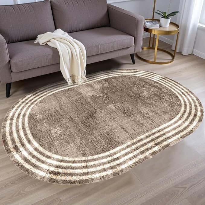 Country Earth Tone Brown Minimalist Distressed Home Office Rugs 3x5 for Living Room Bedroom Diningrooom Machine Washable Soft Thick Area Rug Nursery Dorm Kitchen Oval Geometric Bordered Large Carpet