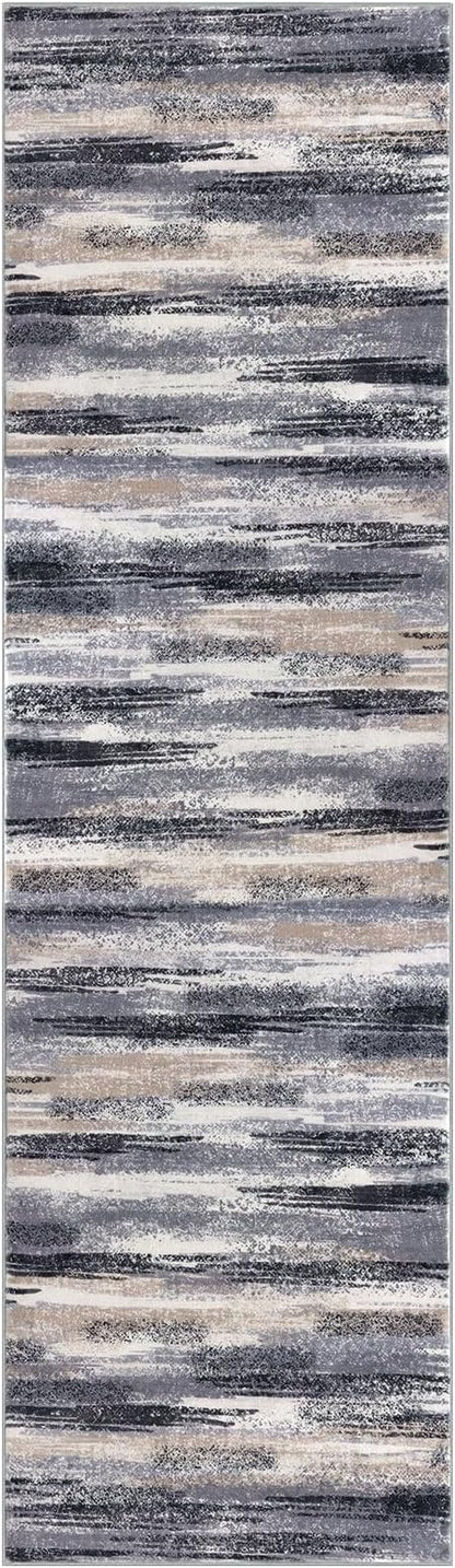 Modern Abstract Bedroom Runner Rug 2x7, Grey Black Multi Washable Kitchen Runner, Non-Slip Soft Thin Faux Wool Mat for Entryway, Hallway, Laundry Room, Indoor Home Decor