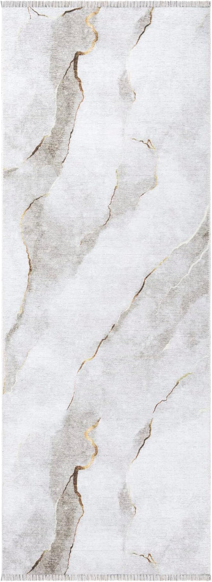 Bloom Rugs Caria Washable Non-Slip 10 ft Runner - Ivory/Gold Modern Abstract Runner for Entryway, Hallway, Bathroom, and Kitchen - Exact Size: 2'6" x 10'