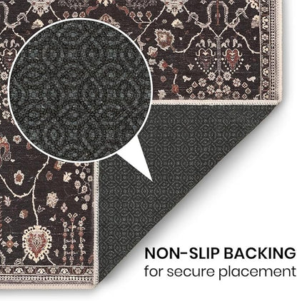 GLN Rugs Traditional Collection - Machine Washable Area Rug, Traditional Washable, Non Slip, Low Pile Chenille Rug, Living Room, Bedroom, Kitchen Rug (5'3" Round Black)