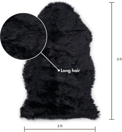 Sheepskin Long Hair 2x3 ft | Bedside Rugs for bedrooms, Sofa, Chair or The Dining Table | Each Sheepskin Rug is Unique and Created by Nature | Small Fluffy Rug in Color Black
