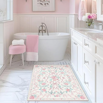 Pink Rug Bow Floral Rugs for Girls, 2x3 Washable Small Area Rug for for Entryway, Kitchen, Front Door Indoor Entrance, Non Slip Carpet for Bathroom Bedroom Living Room