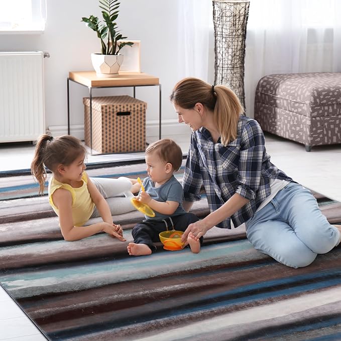 4x6 Abstract Rug for Entryway, Modern Stripe Washable Indoor Entry Way Area Rugs, Soft Non-Slip Door Mat Floor Carpet for Dining Room Kitchen Bedroom - Blue/Brown/Multi