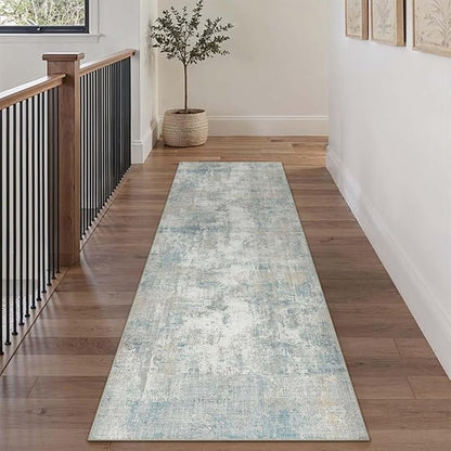 3x7 Washable Runner Rug Blue Cream Abstract Hallway Kitchen Throw Rug Neutral Modern Non Slip Soft Low Pile Lightweight Carpet for Bathroom Laundry Bedroom Living Room