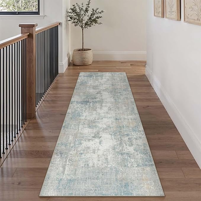 2x12 Washable Runner Rug Blue Cream Abstract Hallway Kitchen Throw Rug Neutral Modern Non Slip Soft Low Pile Lightweight Carpet for Bathroom Laundry Bedroom Living Room