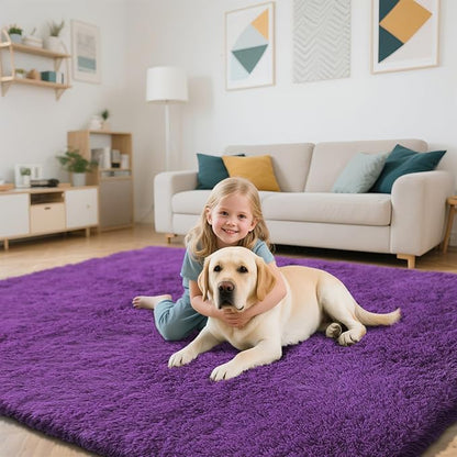 Purple Fluffy Rug Shaggy Area Rug, 6x9 Area Rugs for Girls Bedroom, Big Soft Shaggy Bedside Non-Slip Plush Dorm Nursery Kids Carpet Home Decor Aesthetic