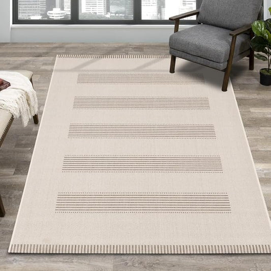 Beige Carpet for Bedroom with Striped Design, 5x7 Washable Boho Rug for Living Room or Versatile Accent to Refresh Any Room Décor