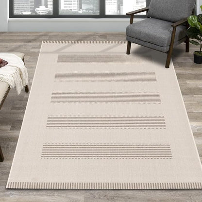 6x9 Rug with Modern Striped Pattern, Stylish Neutral Area Rug in Beige and Cream, Durable Low Pile Decorative Carpet for Living, Dining, or Bedroom