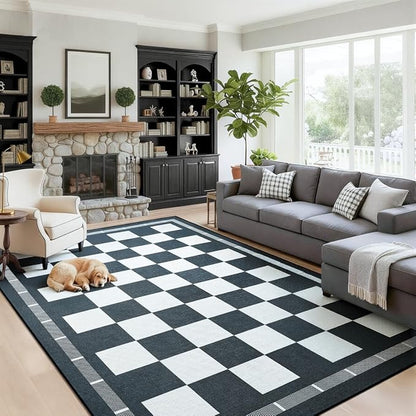 Vasofe Checkered Jute 6x9 Area Rugs, Washable Outdoor Patio Rug for Living Room Entrance Indoor Carpet, Non Slip Farmhouse Neutral Geometric Rugs for Bedroom Dining Room Backyard, Black and White