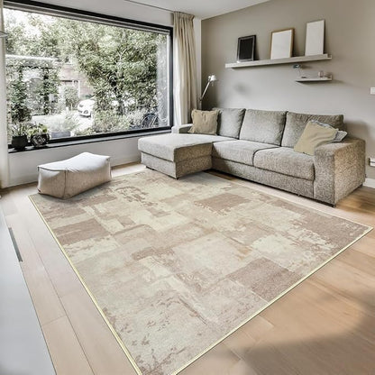 GLN Rugs Contemporary Collection - Machine Washable Area Rug, Contemporary Washable, Non Slip, Low Pile Chenille Rug, Living Room, Bedroom, Kitchen Rug (6' x 9' Abstract Tan)