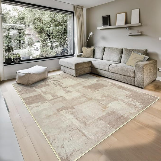 GLN Rugs Contemporary Collection - Machine Washable Area Rug, Contemporary Washable, Non Slip, Low Pile Chenille Rug, Living Room, Bedroom, Kitchen Rug (9' x 12' Abstract Tan)