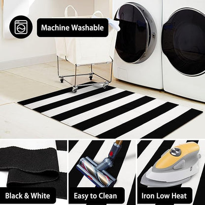KOZYFLY Black and White Striped Area Rug 3x5 Ft Front Door Rug Hand Woven Cotton Washable Outdoor Doormats Outdoor Entrance Mat for Front Door Kitchen Entryway Patio Front Porch Decor