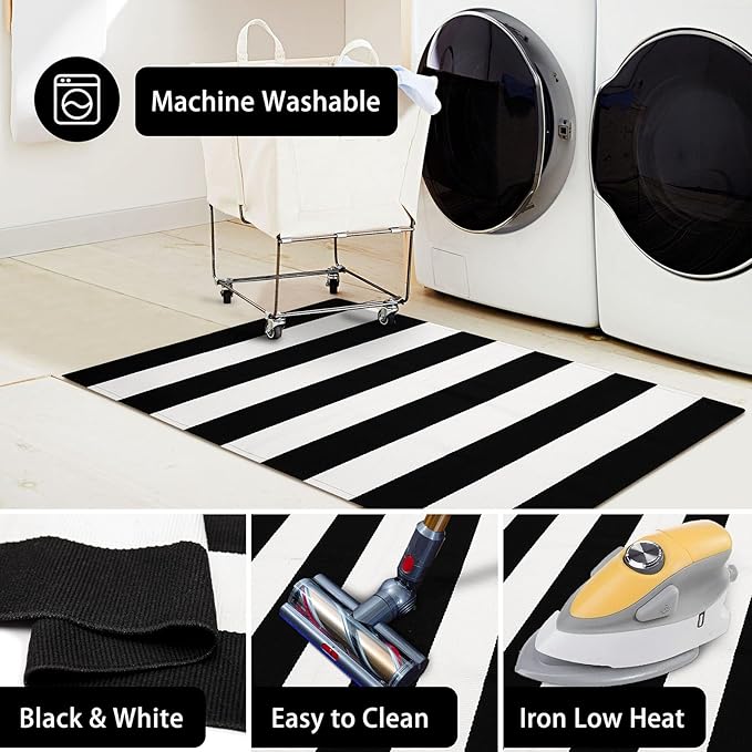 KOZYFLY Black and White Striped Outdoor Rug 5x7 Ft Area Rug Washable Indoor Outdoor Rug Cotton Striped Rugs for Living Room Farmhouse Large Floor Carpet for Bedroom Living Room Patio