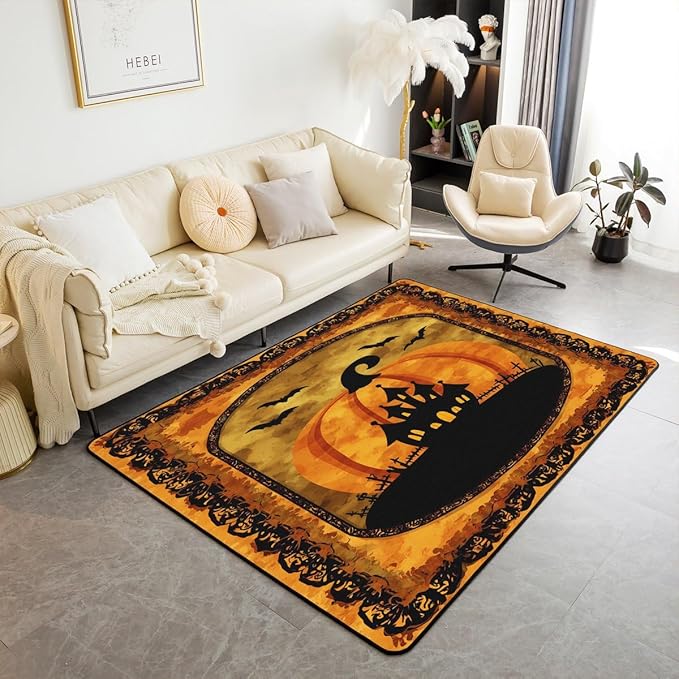 Halloween Pumpkin Large Area Rug 5x7 Spooky Haunted House Living Room Rug | Vintage Gothic Rugs for Bedroom, Castle Silhouette Carpet Indoor Floor Mat,Bats Halloween Decoration