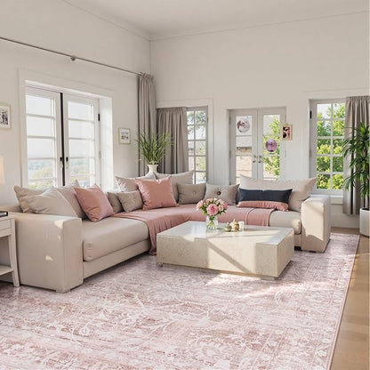 Lahome Pink Area Rugs 8x10,Washable Boho Living Room Rugs,Floral Large Area Rugs Non-Slip Soft Bedroom Rug 8x10 Under Bed Baby Girl Nursery Rug for Dining Room Table Office (Pink,8'X10')