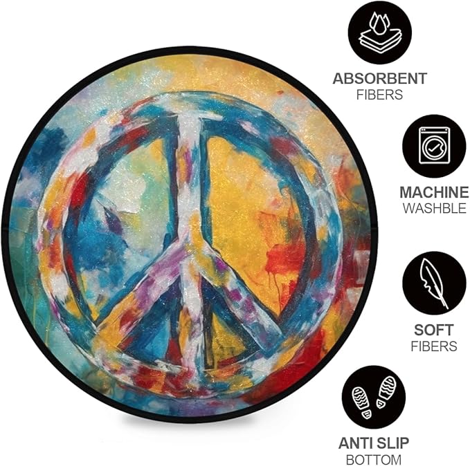 Non-Slip Round Rug, Washable Indoor/Outdoor Carpet with Boho-Style Peace Sign Painting Perfect for Bedroom, Living Room, Entryway and Dining Room Under Table.