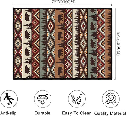 Rustic Cabin Wildlife Area Rug 5x7 Living Room Rug,Bear Moose Deer Country,Vintage Throw Rugs Carpet for Dining Room Washable Bedroom Rug Non Slip Floor Carpets for Office,Kids Playroom