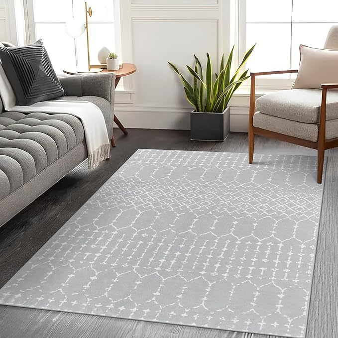 Lahome Moroccan Washable Living Room Area Rug 3x5 Small Rugs for Bedroom Throw Non-Slip Low-Pile Entryway Rug Kitchen Rugs Soft Grey Distressed Capet for Office Bathroom Laundry Room Dining Room