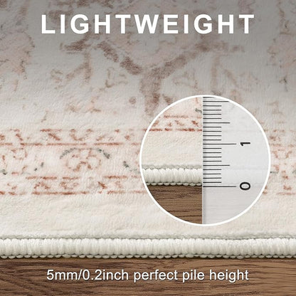 LIVEBOX Washable Peachy Pink Rug 5ft - Medallion Vintage Circle Rugs for Bedroom, Low-Pile Tribal Print Carpet for Nursery, Non-Slid Distress Floral Circular Rug for Living Room Kid's Room Entryway