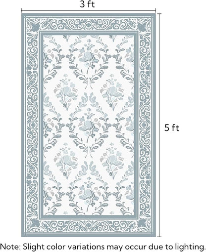 SOULFUL Medium Pile 3x5 Area Rug - Soft Underfoot Small Entryway Rug - Mist Blue Boho Floral - Washable Non-Slip - Perfect for Living Room Bedroom Foot Kids Room Reading Nook