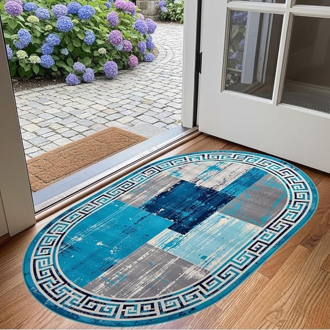 Distressed Blue Grey Greek Key Pattern Indoor Area Rug 6x8 for Living Room Bedroom Dining Room Faux Wool Anti Slip Floor Mats Nursery Entryway Minimalist Geometric Texture Bordered Rugs Retro Carpet