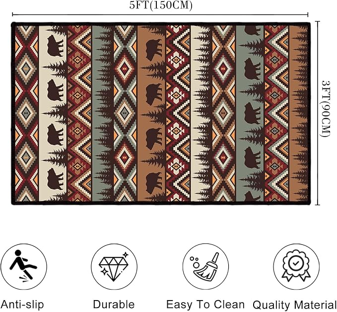 Rustic Cabin Wildlife Area Rug 3x5 Washable Bedroom Rug,Bear Moose Deer Country,Farmhouse Throw Rugs Non Slip Area Carpet Small Floor Carpets Mat for Entryway,Living Room,Laundry,Office