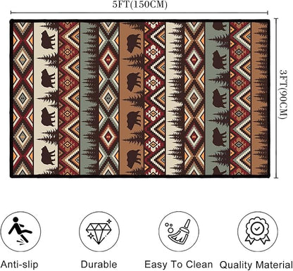 Rustic Cabin Wildlife Area Rug 3x5 Washable Bedroom Rug,Bear Moose Deer Country,Farmhouse Throw Rugs Non Slip Area Carpet Small Floor Carpets Mat for Entryway,Living Room,Laundry,Office