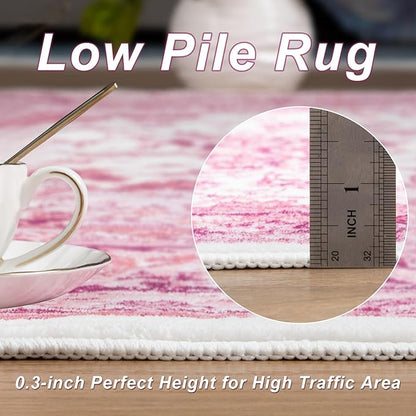 Bright Pink Area Rug for Girls Bedroom, 3x5 Soft Washable Rugs with Non-Slip Backing for Living Room, Cute Vintage Carpet for Kitchen Laundry Kids Room Decor