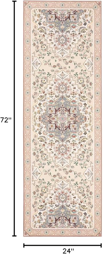 Phantoscope Washable Runner Rug 2'x6' Non-Slip, Vintage Boho Hallway Rugs for Entryway, Stair, Bedroom, Persian Floral Medallion Pattern, Low-Pile Foldable Floor Carpet, Ivory Rose/Fall Bloom
