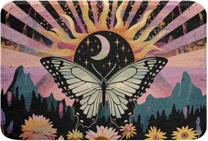 Erosebridal Boho Butterfly Bath Rugs Hippie Yin and Yang Bathroom Mats Rainbow Geometric Striped Bath Carpets 20x32 Bohemian Swirl Spiral Floor Mats Minimalism Mountain Bathroom Rugs