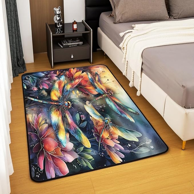 Dragonfly 3x5 Area Rug Colorful Flowers Rugs for Living Room | Watercolor Beetles Washable Rug, Dreamy Rustic Aesthetic Animal Carpet Indoor Floor Mat