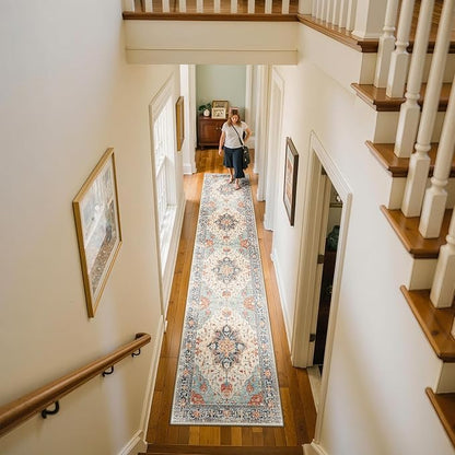 Area Rugs 2'x10' Washable Non-Slip, Floral Vintage Distress Print Pattern Medallion Carpet for Living Room Bedroom Dining Room, Beige Navy Blue Orange Colorful