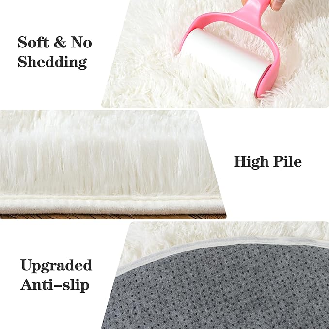 Soft Fluffy Area Rug for Bedroom, Cream White Fuzzy Shaggy Oval Throw Rugs for Bedside, Non-Slip Cozy Plush Shag Carpet for Kids Room Nursery Dorm Living Room, 2.6 x 5.3 Feet