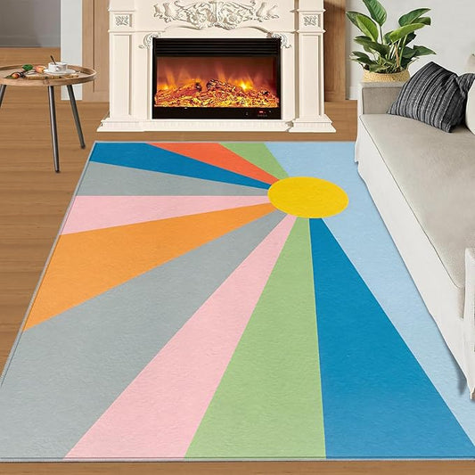Boho Sun Area Rugs 3x4ft, Abstraction Deco Kids Bedroom Rug, Minimalist Sunburst Bedside Rug Durable Non Slip for Cafe Living Room Under Table Boys Room Decor