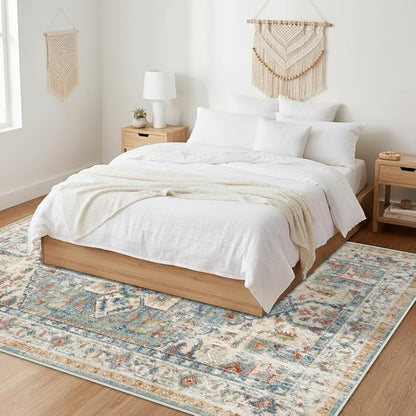 Enkor Area Soft Rugs 5x7 Washable Non Slip Boho Floor Rugs for Living Room Bedroom, Vintage Style Farmhouse Mat for Kitchen Entryway Beige & Green
