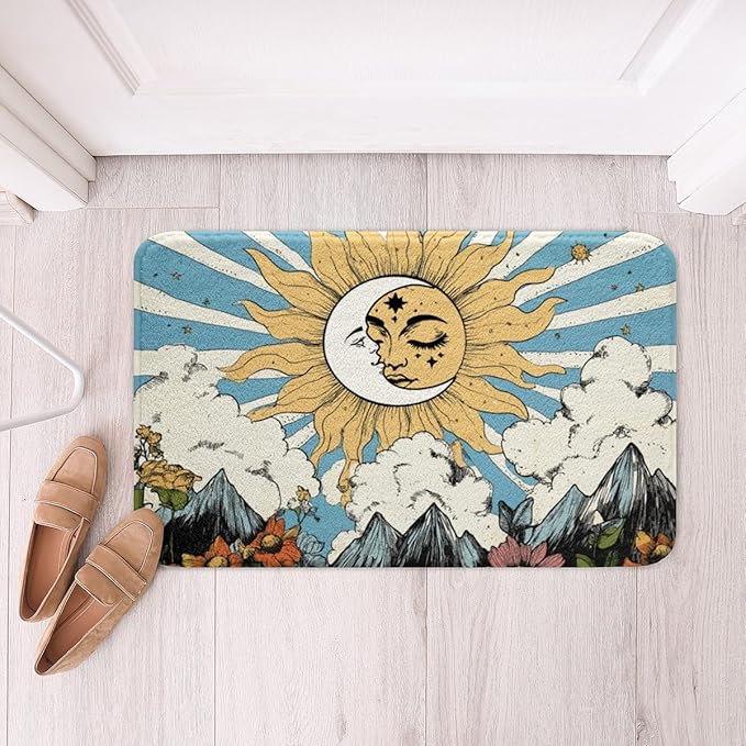 Erosebridal Sun and Moon Bathroom Rugs Boho Bohemian Hippie Bath Mat Moon Phase Print Non Slip Bath Rugs Geometric Striped Fluffy Plush Rugs 20x32 Sunflower Daisy Shower Carpet Retro Decor