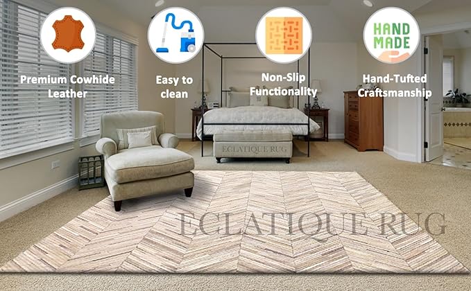 Elegant Rectangular Rug Cowhide Leather Stylish Non Slip Chevron Patchwork Area Rug for Living Room and Entryway Floor Carpet (Beige-5 x 8 ft)