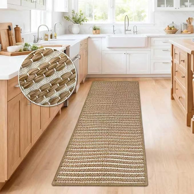 Long Bathroom Rug,24"x60"Braided Kitchen Runner,Boho Kitchen Mats for Floor,Super Absorbent Hallway Runner,Washable Floor Carpet for Bedroom,Entryway,Living Room,Non Slip,Brown