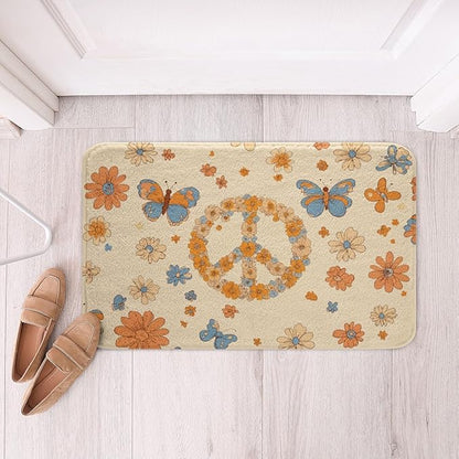 Erosebridal Groovy Party Decorations Bathroom Rugs for Girls Women Peace Sign Decor Bath Mat Hippie Butterfly Non Slip Bath Rugs Cute Kawaii Florals Fluffy Plush Rugs 20x32 Honey Bee Gifts for Kids