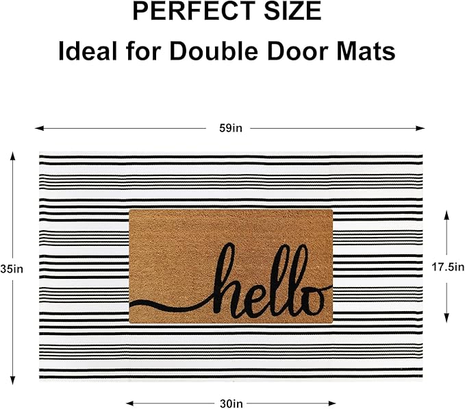 Outdoor Front Door Mat 3'x5', Black and White Cotton Hand Woven Striped Rug,Reversible Washable Front Porch Rug, Foldable Layered Doormat for Entryway/Home Entrance/Farmhouse